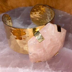 Large rose quartz hammered gold bracelet cuff